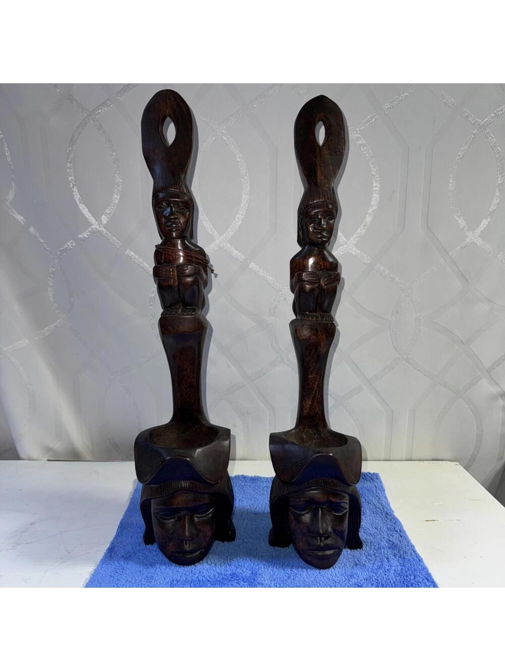 Pair Indonesian/Polynesian Carved Wood Water Dipper,Totem Pole,Tiki 20 Inch Vtg